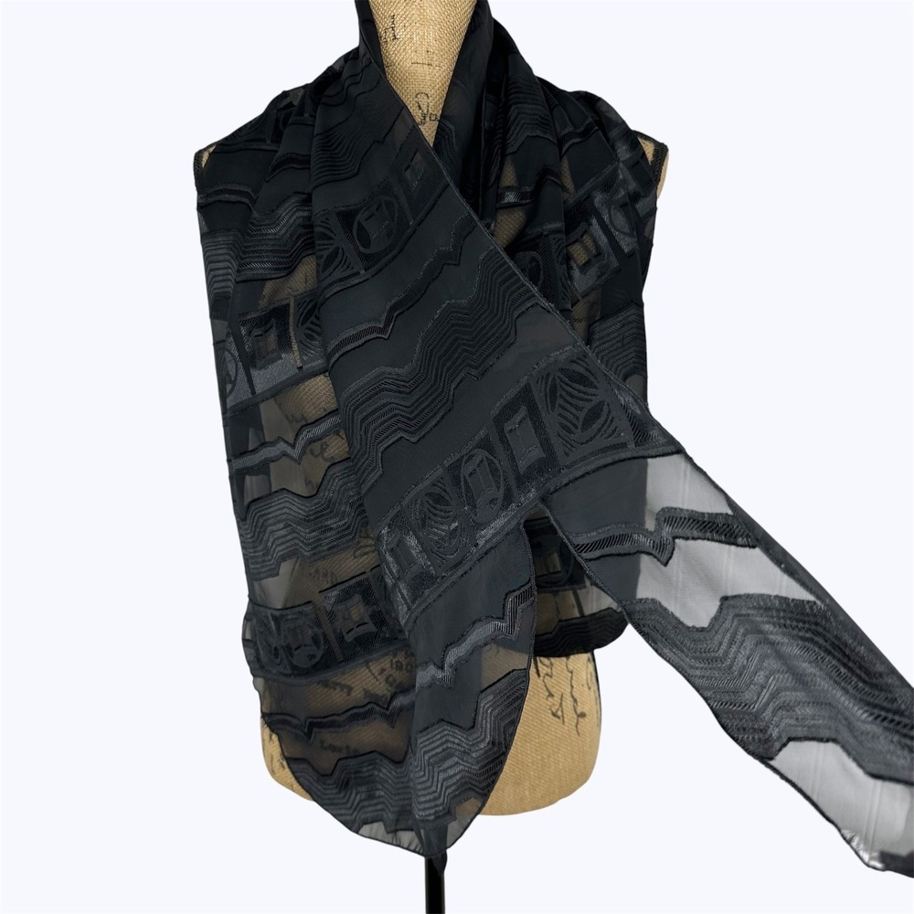 Black Sheer Mesh Scarf Geometric Chevron Asymmetrical Hem Wrap Witchy Whimsigoth